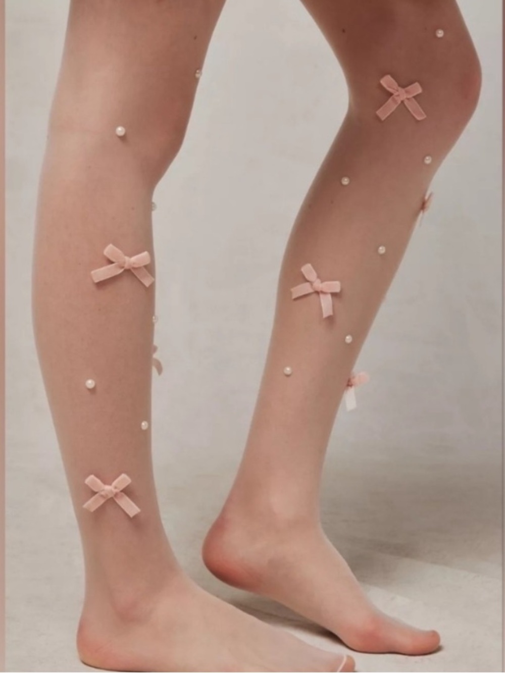 Free People Velvet Pink Bow & Pearl Sheer White Tights One Size NEW - Picture 2 of 8